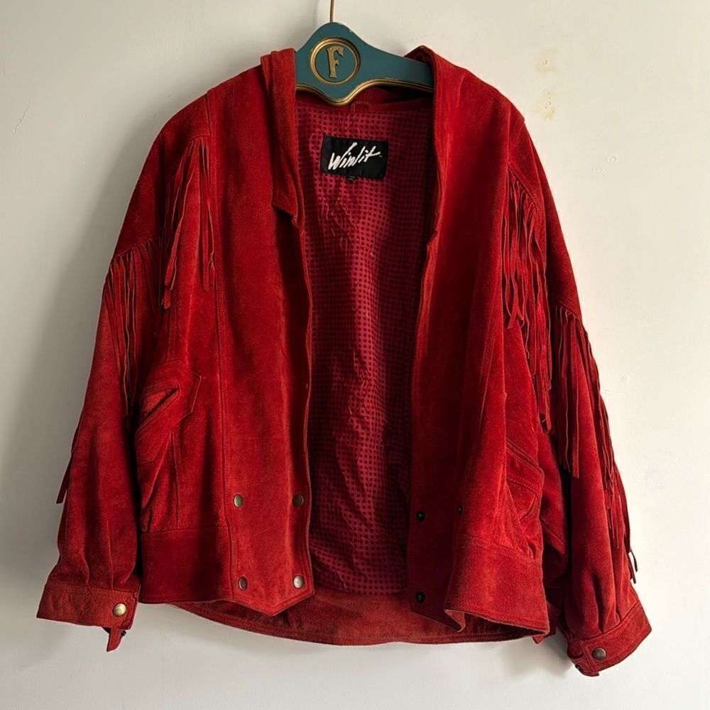 Vintage Winlit Western 100% Genuine Leather Suede Red Fringe Jacket L
